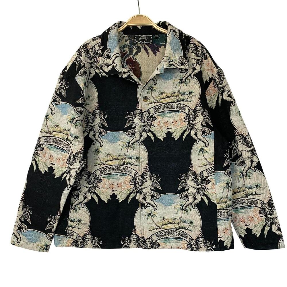 Rebel Vengeance Men Tapestry Jacket L Black Angel Cherub Art Grunge Festival NWT
